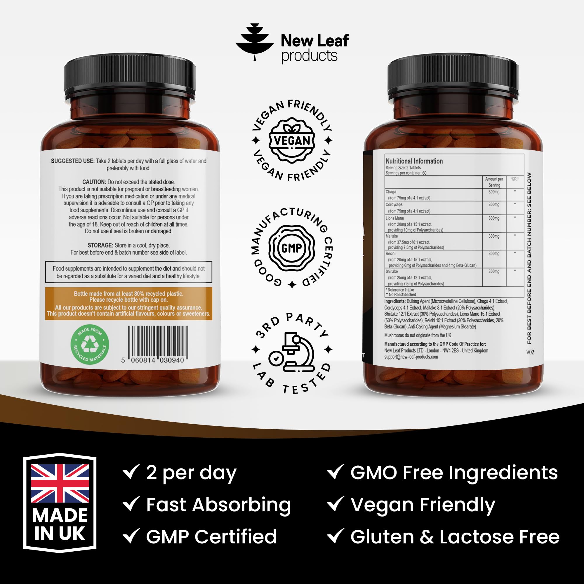 Mushroom Complex - Lions Mane Mushroom Cordyceps Mushroom Chaga Mushroom Reishi Mushroom Shiitake and Maitake Mushroom Blend - High Potency Mushroom Supplement - Made in The UK Made in The UK